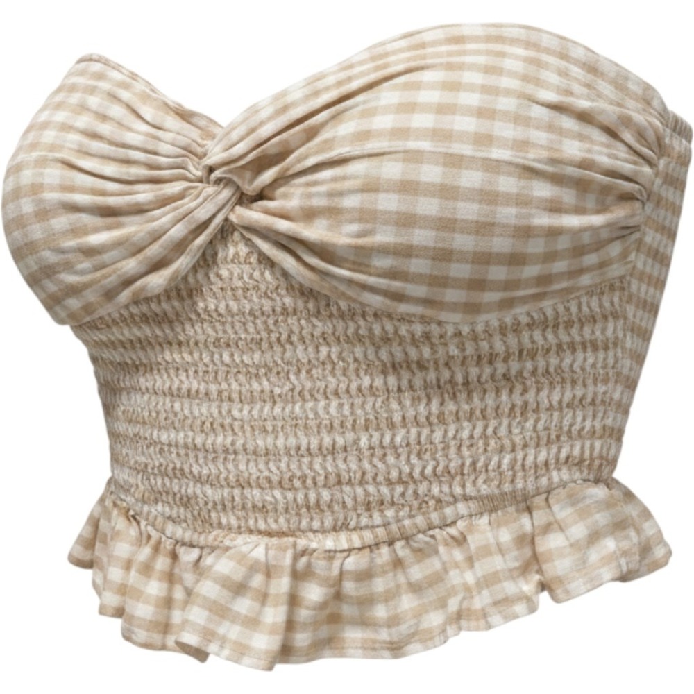 Japna Gingham Smocked Tube Top Tan White Ruffle Hem Small Cottagecore Boho - Picture 1 of 4